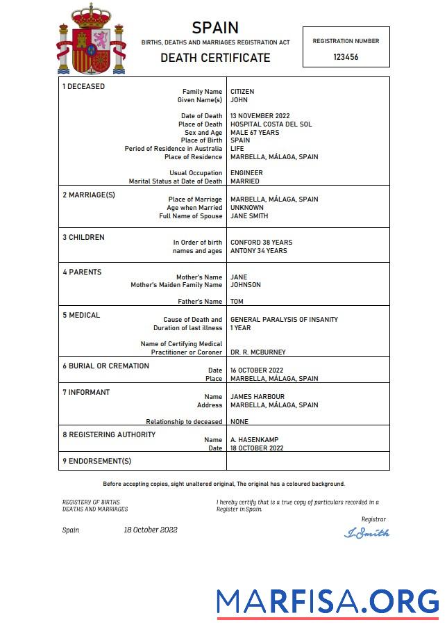 Printable Spain death certificate Word and PDF template